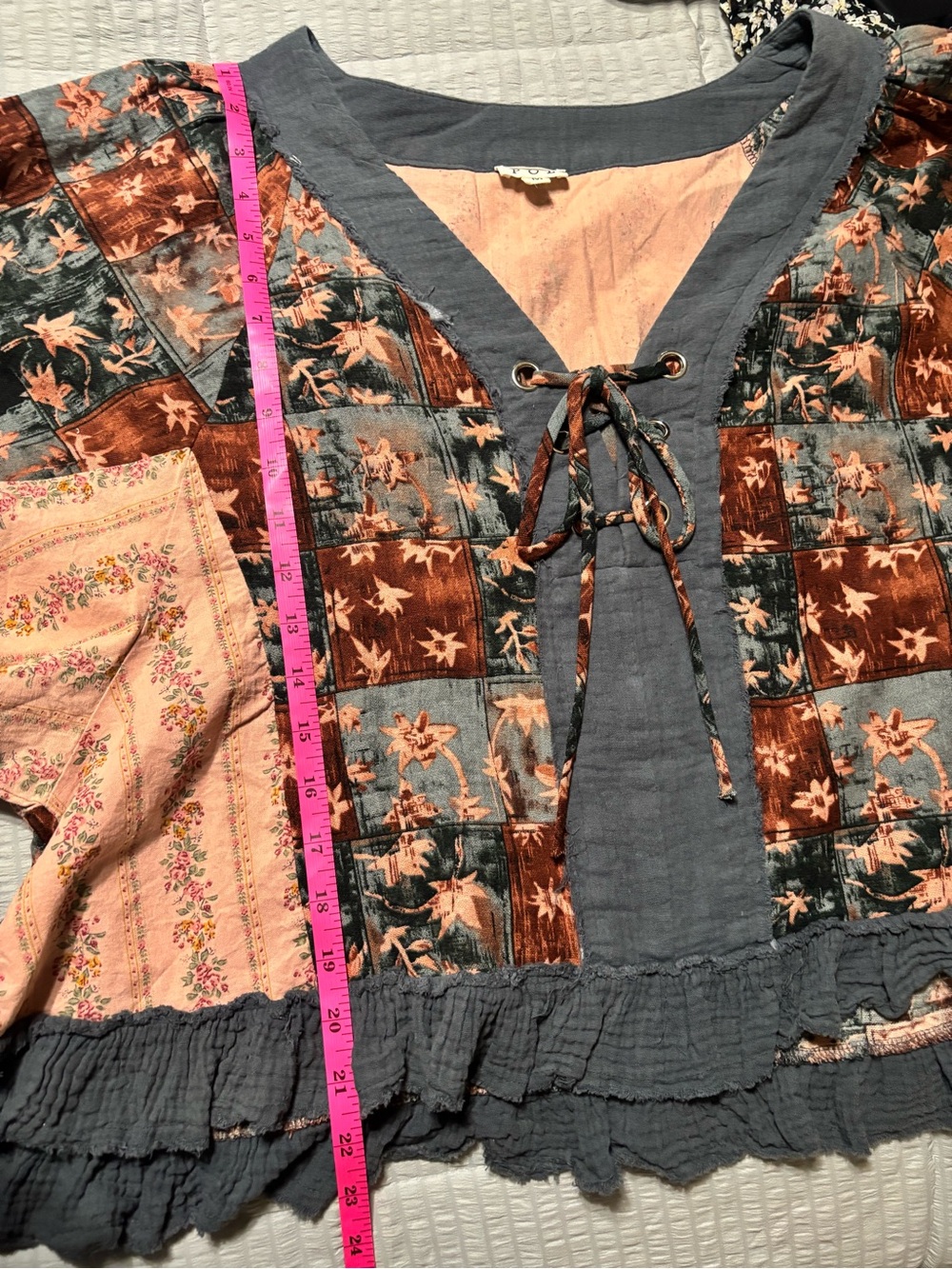 POL Boho Patchwork Lace-Up Peasant Top in Rust, Dusty Blue, Blush - Picture 6 of 7